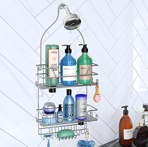 KeFanta Shower Caddy over Shower Head, Silver Hanging Shower Organizer, Shower Storage Rack with Hooks for Razor, Bathroom Shampoo Holder