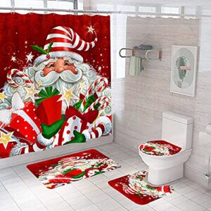 4pcs xmas shower curtain sets with 12 hooks,bathroom curtains shower set toilet mat lid rug,bathroom sets shower curtain sets and rugs and accessories,72x72inch (santa claus)