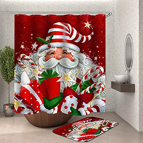 4Pcs Xmas Shower Curtain Sets with 12 Hooks,Bathroom Curtains Shower Set Toilet Mat Lid Rug,Bathroom Sets Shower Curtain Sets and Rugs and Accessories,72x72inch (Santa Claus)