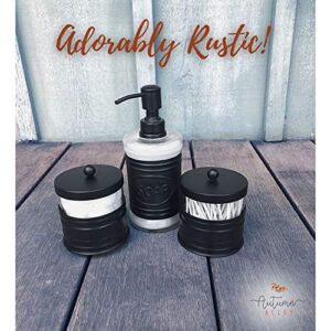 Autumn Alley Adorable 3 Piece Modern Farmhouse Bathroom Accessory Set for Sink/Vanity - Black Soap Dispenser, Cotton Ball Container with Lid, Qtip Organizer – Rustic Farmhouse Bathroom Decor