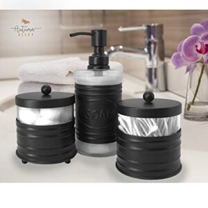 Autumn Alley Adorable 3 Piece Modern Farmhouse Bathroom Accessory Set for Sink/Vanity - Black Soap Dispenser, Cotton Ball Container with Lid, Qtip Organizer – Rustic Farmhouse Bathroom Decor