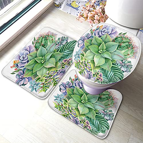 Wondertify Bouquet Succulents Bathroom Antiskid Pad Watercolor Botanical Echovirus Plants 3 Pieces Bathroom Rugs Set, Bath Mat+Contour+Toilet Lid Cover Green Purple