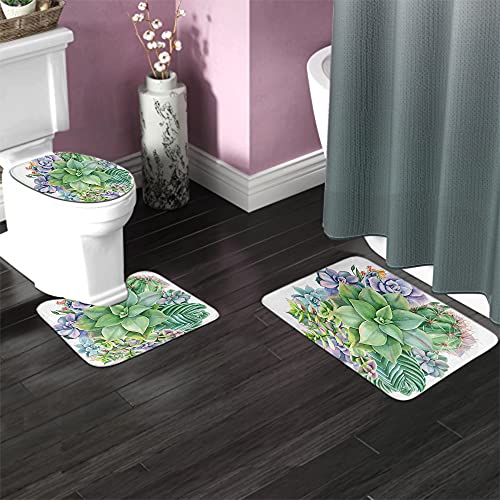 Wondertify Bouquet Succulents Bathroom Antiskid Pad Watercolor Botanical Echovirus Plants 3 Pieces Bathroom Rugs Set, Bath Mat+Contour+Toilet Lid Cover Green Purple