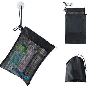 YUMA Active Shower Bag Tote, Mesh Caddy Toiletry Organizer 12”L x 9”W, Compact and Lightweight With Suction Cup, Cord for Hanging, Zipper and Drawstring Pouch 14”L x 10”W, Black