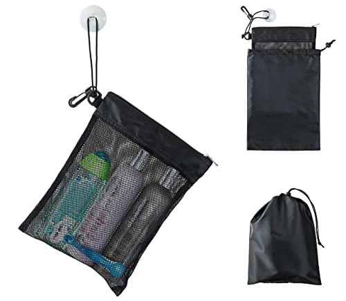 YUMA Active Shower Bag Tote, Mesh Caddy Toiletry Organizer 12”L x 9”W, Compact and Lightweight With Suction Cup, Cord for Hanging, Zipper and Drawstring Pouch 14”L x 10”W, Black