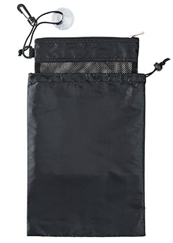 YUMA Active Shower Bag Tote, Mesh Caddy Toiletry Organizer 12”L x 9”W, Compact and Lightweight With Suction Cup, Cord for Hanging, Zipper and Drawstring Pouch 14”L x 10”W, Black