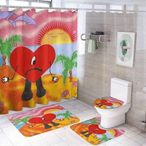 bad cute bunny 4 pc bathroom shower curtain sets, with non-slip rugs, toilet lid cover and bath mat, durable and waterproof bathroom complete set decor accessory 71" x 71"