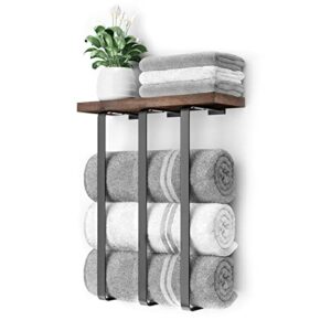 lorbro towel racks for bathroom, wall mounted towel rack 3 bar, bathroom towel storage with wooden shelf, bath towel holder for bath organizer decor, rv, wall towel rack for rolled towels, washcloths