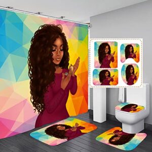traditional african american woman character shower curtain sets, 4pcs set for bathroom decor-1 hd pattern printing shower curtain & 3 non-slip toilet rugs and lid cover (red)