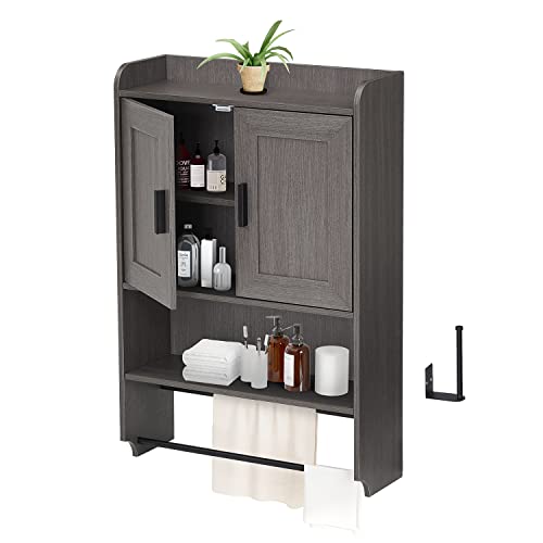 Liampoo Wood Bathroom Wall Cabinet, Medicine Cabinet Organizer with Doors and Adjustable Shelves, Over The Toilet Storage Cabinet with Towel Bar, Multipurpose Storage Cabinet for Bathroom, Living Room