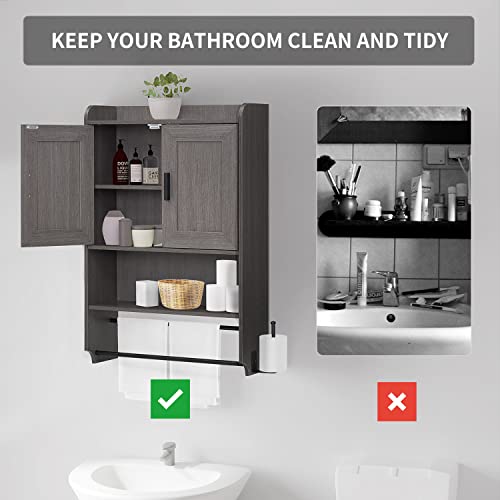 Liampoo Wood Bathroom Wall Cabinet, Medicine Cabinet Organizer with Doors and Adjustable Shelves, Over The Toilet Storage Cabinet with Towel Bar, Multipurpose Storage Cabinet for Bathroom, Living Room