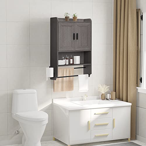 Liampoo Wood Bathroom Wall Cabinet, Medicine Cabinet Organizer with Doors and Adjustable Shelves, Over The Toilet Storage Cabinet with Towel Bar, Multipurpose Storage Cabinet for Bathroom, Living Room