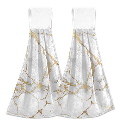 Selerdon Kitchen Hand Towel White Marble Hanging Tie Towels 2 Pieces Fast Dry Absorbent Soft Touch Hanging Kitchen Towels Used for Home Kitchen Bathroom Decoration