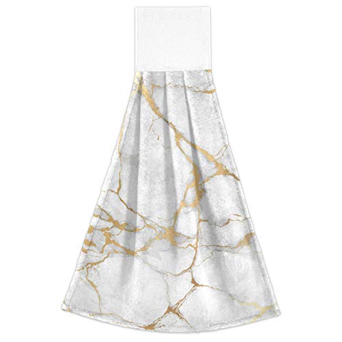 Selerdon Kitchen Hand Towel White Marble Hanging Tie Towels 2 Pieces Fast Dry Absorbent Soft Touch Hanging Kitchen Towels Used for Home Kitchen Bathroom Decoration