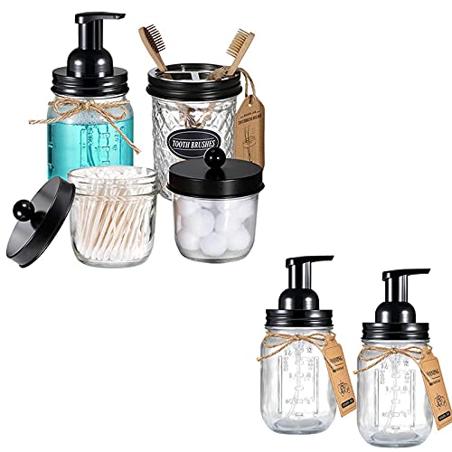 Amolliar 4PCS & 2PCS Black Mason Jar Bathroom Accessories Set- 3pcs Foaming Soap Dispenser&2pcs Qtip Holder Set&Toothbrush Holder-Rustic Farmhouse Decor Bathroom Organizer