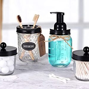 Amolliar 4PCS & 2PCS Black Mason Jar Bathroom Accessories Set- 3pcs Foaming Soap Dispenser&2pcs Qtip Holder Set&Toothbrush Holder-Rustic Farmhouse Decor Bathroom Organizer