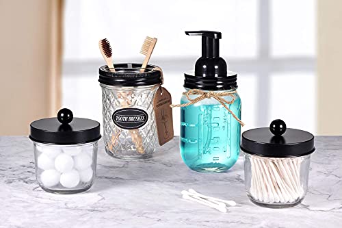 Amolliar 4PCS & 2PCS Black Mason Jar Bathroom Accessories Set- 3pcs Foaming Soap Dispenser&2pcs Qtip Holder Set&Toothbrush Holder-Rustic Farmhouse Decor Bathroom Organizer