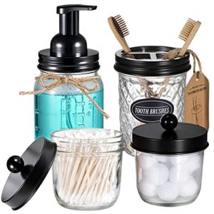 Amolliar 4PCS & 2PCS Black Mason Jar Bathroom Accessories Set- 3pcs Foaming Soap Dispenser&2pcs Qtip Holder Set&Toothbrush Holder-Rustic Farmhouse Decor Bathroom Organizer