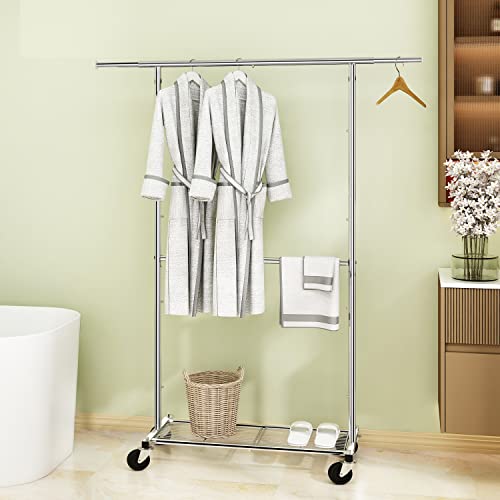 Ekisemio Standard Rolling Clothing Garment Rack, Rolling Clothes Organizer with Wheels and Bottom Shelves, Extendable, Chrome