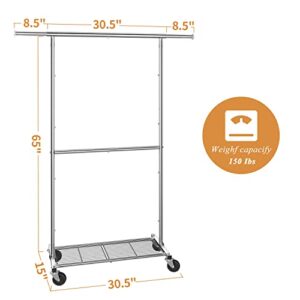 Ekisemio Standard Rolling Clothing Garment Rack, Rolling Clothes Organizer with Wheels and Bottom Shelves, Extendable, Chrome