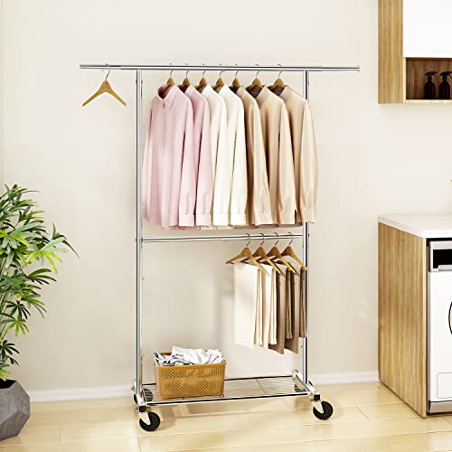 Ekisemio Standard Rolling Clothing Garment Rack, Rolling Clothes Organizer with Wheels and Bottom Shelves, Extendable, Chrome