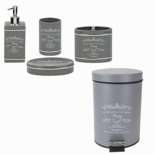 Home Basics Paris Collection Bathroom Accessories Bundle in Grey | Waste Bin | Soap Dispenser | Soap Dish | Tumbler | Toothbrush Holder | Elegant Design