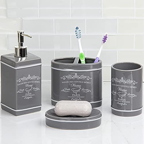Home Basics Paris Collection Bathroom Accessories Bundle in Grey | Waste Bin | Soap Dispenser | Soap Dish | Tumbler | Toothbrush Holder | Elegant Design