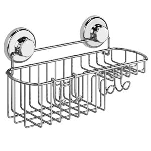 hasko accessories - powerful vacuum suction cup shower caddy basket for shampoo - combo organizer basket with soap holder and hooks - stainless steel holder for bathroom storage (chrome)