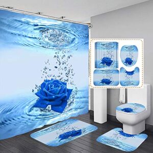 yuaobeimei blue rose in water shower curtain water floral print modern style 4pcs bathroom sets with fabric curtain, rugs,and hooks