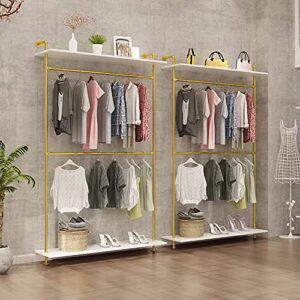 ethemiable 2-tier industrial metal pipe double hanging rods clothing store display stands, entrance porch hanging garment rack,wall shelf storage clothes shoe bag (gold, only one shelf 47.2" l)