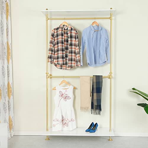 Ethemiable 2-Tier Industrial Metal Pipe Double Hanging Rods Clothing Store Display Stands, Entrance Porch Hanging Garment Rack,Wall Shelf Storage Clothes Shoe Bag (Gold, Only One Shelf 47.2" L)