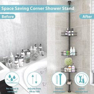 DAKEPOLE Tension Shower Caddy Stainless Steel, Rustproof Tension Pole Corner Shower Caddy Stand Storage Organizer for Bathroom Bathtub Shampoo Soap Plants, 4 Tier Adjustable Shelves, 54 to 125 Inch