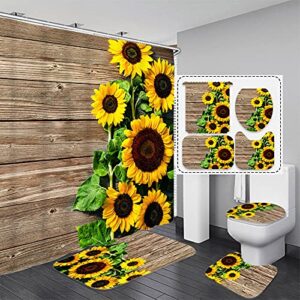 azhm wooden sunflower shower curtain sets with rugs 4 piece bathroom decor set with toilet lid cover bath mat shower curtain for bathroom with 12 hooks waterproof bathroom curtains shower set