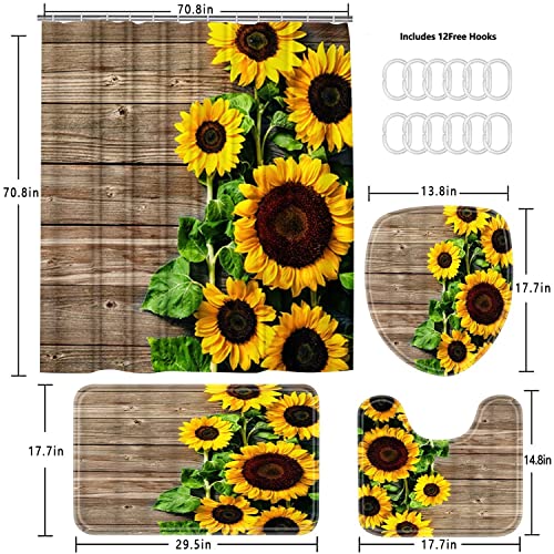 AZHM Wooden Sunflower Shower Curtain Sets with Rugs 4 Piece Bathroom Decor Set with Toilet Lid Cover Bath Mat Shower Curtain for Bathroom with 12 Hooks Waterproof Bathroom Curtains Shower Set