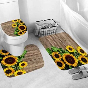 AZHM Wooden Sunflower Shower Curtain Sets with Rugs 4 Piece Bathroom Decor Set with Toilet Lid Cover Bath Mat Shower Curtain for Bathroom with 12 Hooks Waterproof Bathroom Curtains Shower Set