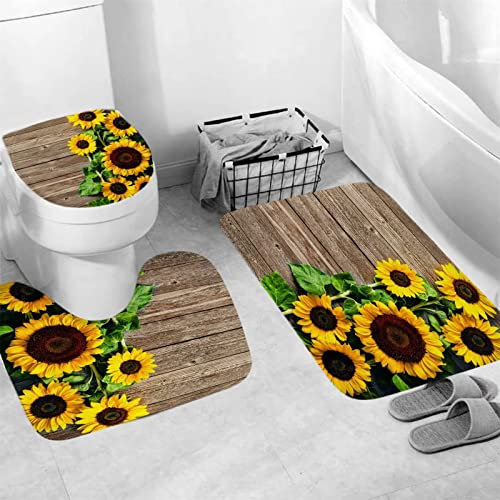 AZHM Wooden Sunflower Shower Curtain Sets with Rugs 4 Piece Bathroom Decor Set with Toilet Lid Cover Bath Mat Shower Curtain for Bathroom with 12 Hooks Waterproof Bathroom Curtains Shower Set