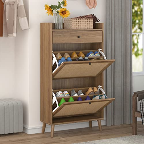 SSLine Shoe Cabinet with 2 Flip Down Storage Shelves and Drawer Free-Standing Shoe Rack Rustic Walnut Wood Shoe Storage Organizer with Unique Rattan Door for Entryway Hallway Doorway Small Space