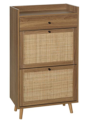 SSLine Shoe Cabinet with 2 Flip Down Storage Shelves and Drawer Free-Standing Shoe Rack Rustic Walnut Wood Shoe Storage Organizer with Unique Rattan Door for Entryway Hallway Doorway Small Space