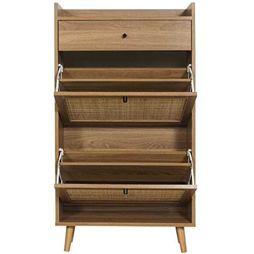 SSLine Shoe Cabinet with 2 Flip Down Storage Shelves and Drawer Free-Standing Shoe Rack Rustic Walnut Wood Shoe Storage Organizer with Unique Rattan Door for Entryway Hallway Doorway Small Space