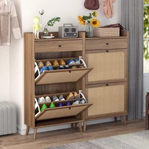 SSLine Shoe Cabinet with 2 Flip Down Storage Shelves and Drawer Free-Standing Shoe Rack Rustic Walnut Wood Shoe Storage Organizer with Unique Rattan Door for Entryway Hallway Doorway Small Space