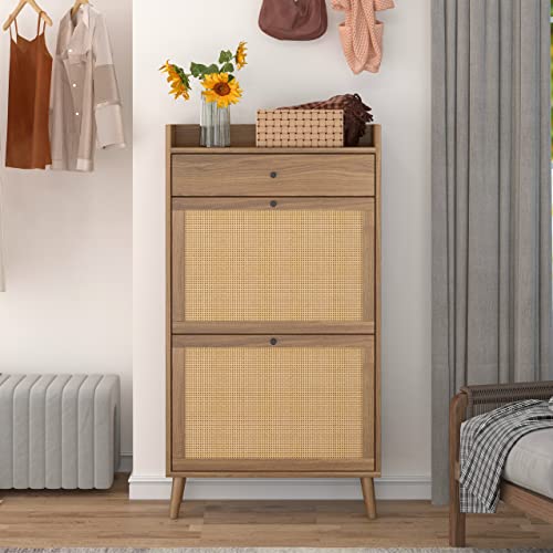 SSLine Shoe Cabinet with 2 Flip Down Storage Shelves and Drawer Free-Standing Shoe Rack Rustic Walnut Wood Shoe Storage Organizer with Unique Rattan Door for Entryway Hallway Doorway Small Space