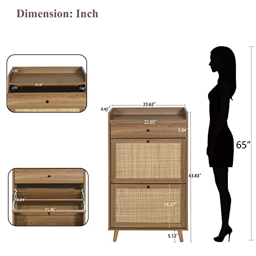 SSLine Shoe Cabinet with 2 Flip Down Storage Shelves and Drawer Free-Standing Shoe Rack Rustic Walnut Wood Shoe Storage Organizer with Unique Rattan Door for Entryway Hallway Doorway Small Space