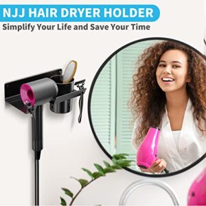 Ncsjxjwd Hair Dryer Holder Wall Mounted, Stainless Steel Self Adhesive Blow Dryer Holder Rack for Bathroom, Hair Tool Organizer Storage with Plug Hook (Black)