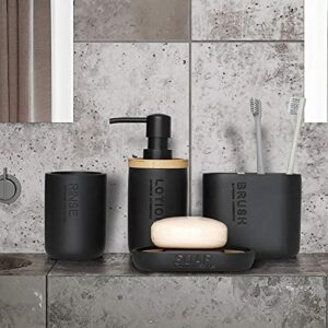 N / C 4 Pcs Resin Bathroom Accessories Set Includes Decorative Soap Dispenser Soap Dish Tumbler Toothbrush Holder with Wood and Bamboo Accessories (Black)