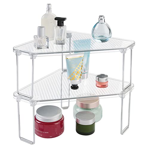 mDesign Plastic/Steel Corner Stackable Rack, Storage Organizer Shelf for Bathroom, Vanity, Countertop, Sink, Cabinet, Holds Makeup, Shower Accessories, Ligne Collection - 2 Pack - Clear