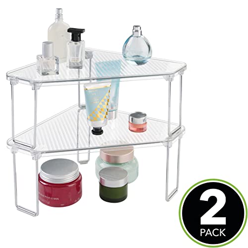 mDesign Plastic/Steel Corner Stackable Rack, Storage Organizer Shelf for Bathroom, Vanity, Countertop, Sink, Cabinet, Holds Makeup, Shower Accessories, Ligne Collection - 2 Pack - Clear