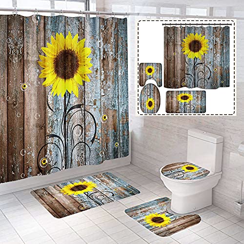 BIUSTAR 4 Piece Rustic Sunflower Shower Curtains Sets with Non-Slip Rugs, Toilet Lid Cover and Bath Mat, Bathroom Sets with Shower Curtain and Rugs and Accessories