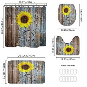 BIUSTAR 4 Piece Rustic Sunflower Shower Curtains Sets with Non-Slip Rugs, Toilet Lid Cover and Bath Mat, Bathroom Sets with Shower Curtain and Rugs and Accessories