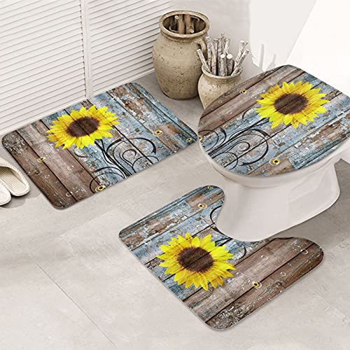 BIUSTAR 4 Piece Rustic Sunflower Shower Curtains Sets with Non-Slip Rugs, Toilet Lid Cover and Bath Mat, Bathroom Sets with Shower Curtain and Rugs and Accessories