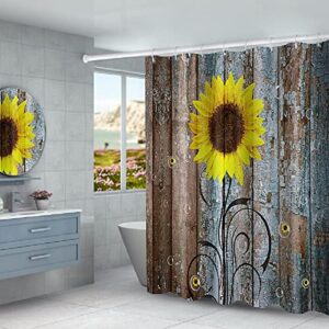 BIUSTAR 4 Piece Rustic Sunflower Shower Curtains Sets with Non-Slip Rugs, Toilet Lid Cover and Bath Mat, Bathroom Sets with Shower Curtain and Rugs and Accessories